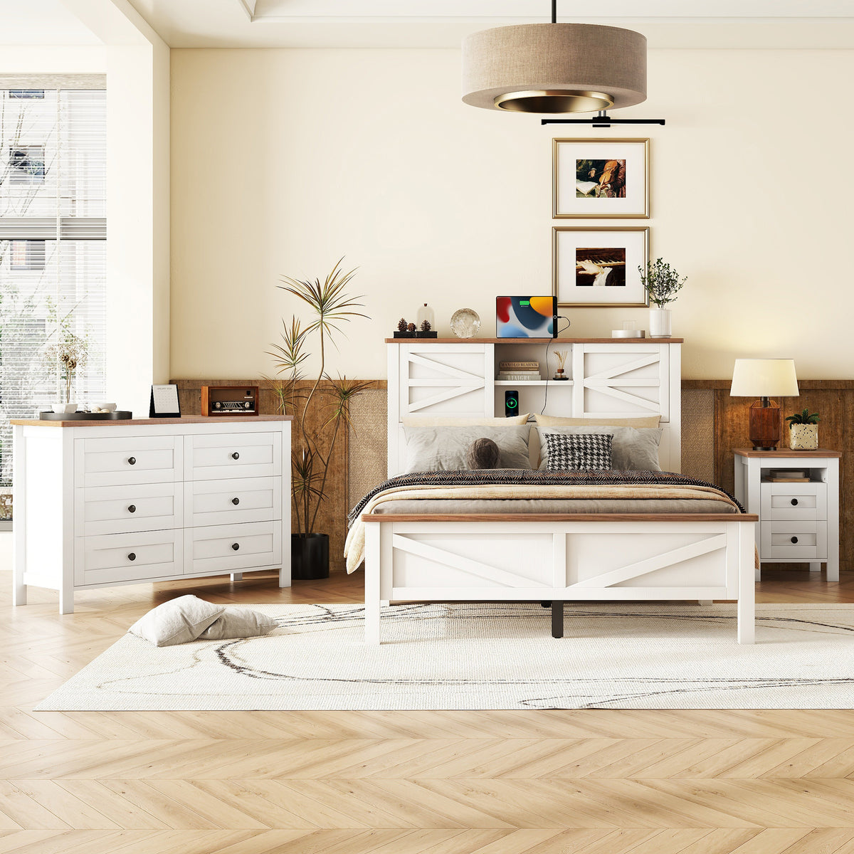 variant-group:rf-n733s369048k|Roomfitters 3 Piece Bedroom Set, Full Farmhouse Platform Bed with Sliding Headboard, Bedside Tables, White Brown