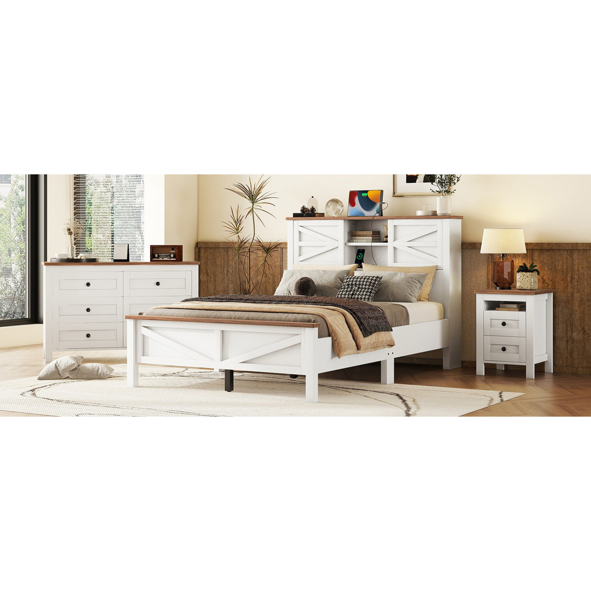 variant-group:rf-n733s369048k|Roomfitters 3 Piece Bedroom Set, Full Farmhouse Platform Bed with Sliding Headboard, Bedside Tables, White Brown