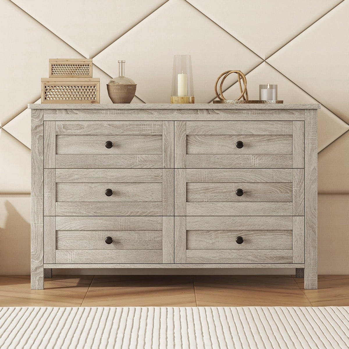 Roomfitters Modern Mirrored Storage Cabinet with Metal Handle, 6-Drawer Dresser for Bedroom and Living Room, Gray