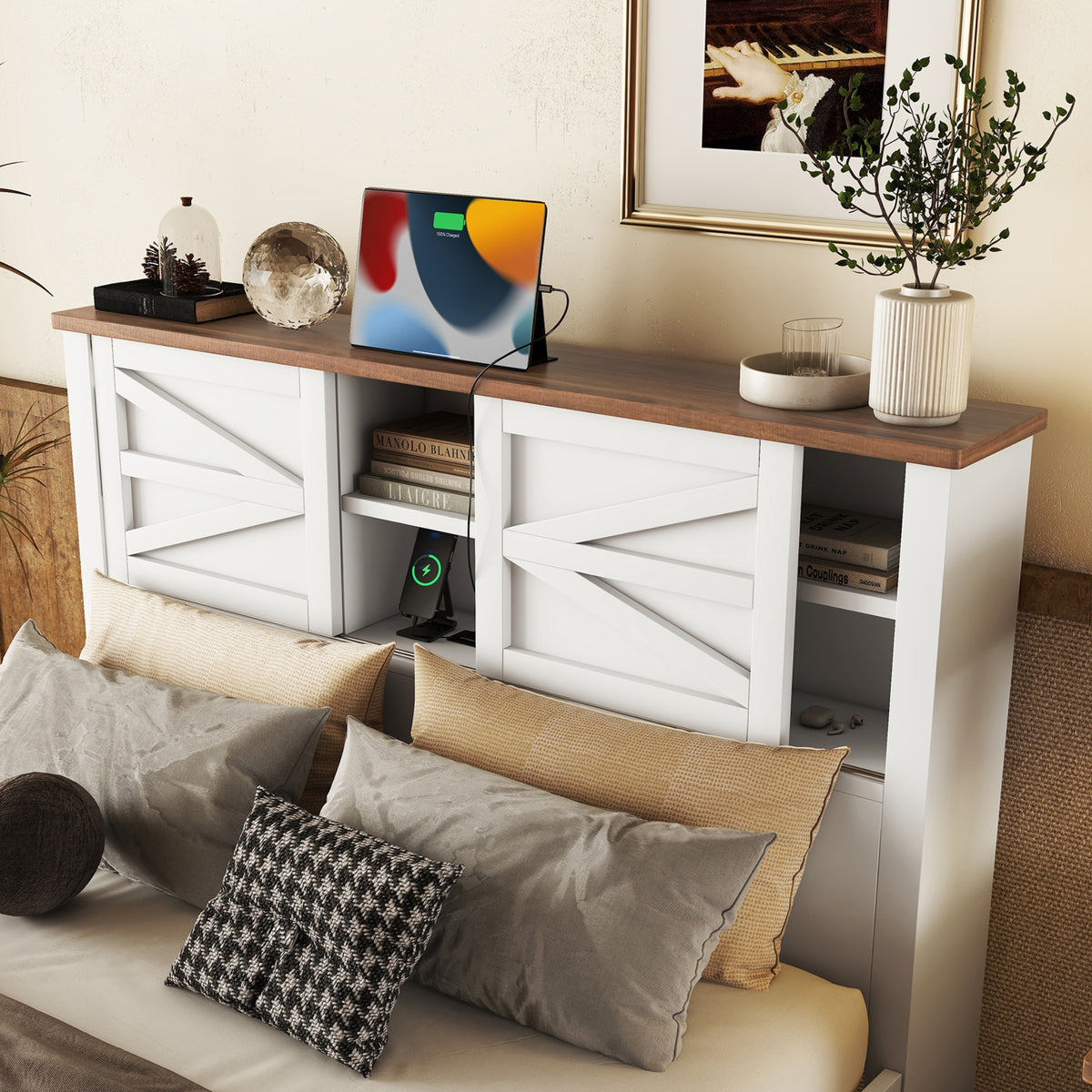 variant-group:rf-n733s369048k|Roomfitters 3 Piece Bedroom Set, Full Farmhouse Platform Bed with Sliding Headboard, Bedside Tables, White Brown