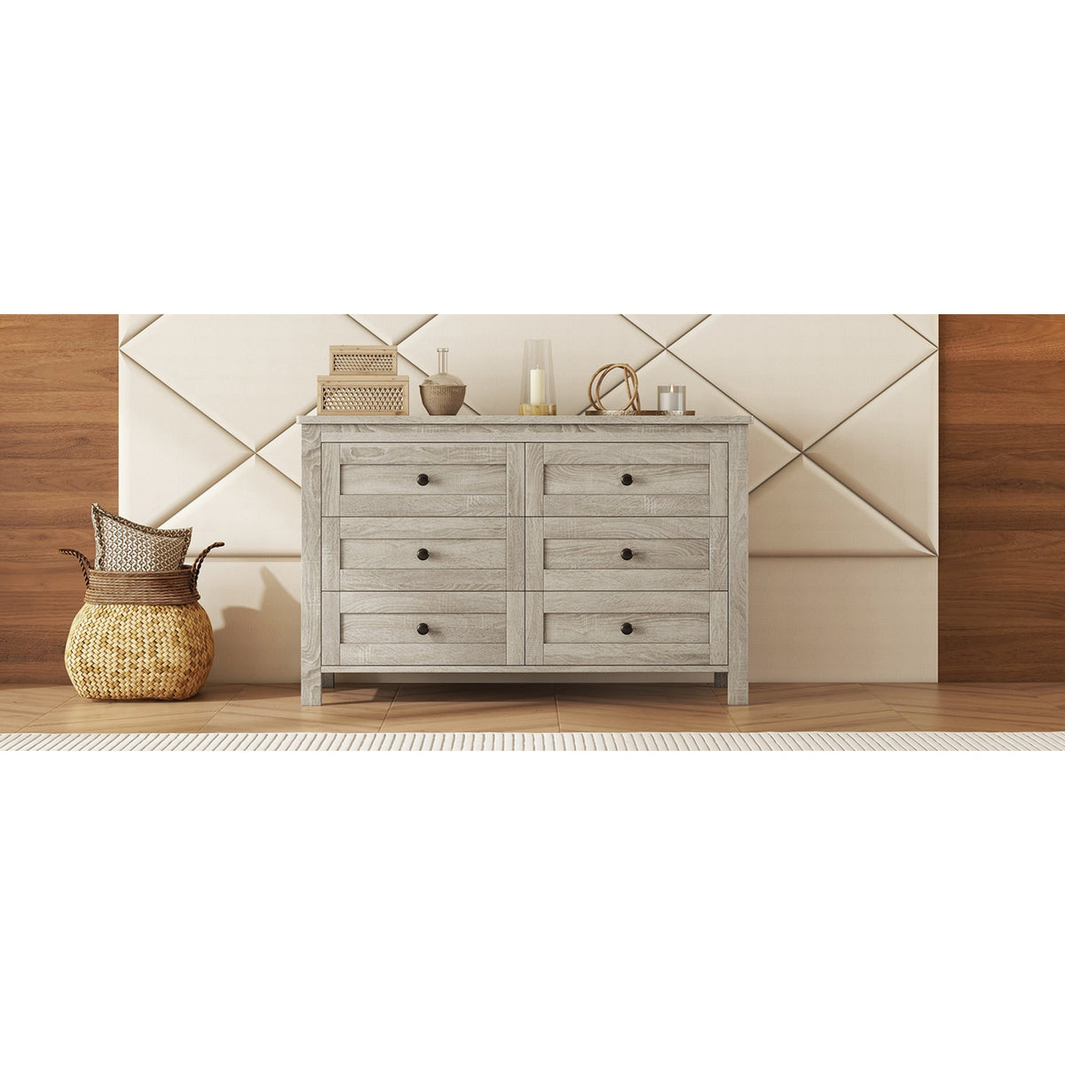 Roomfitters Modern Mirrored Storage Cabinet with Metal Handle, 6-Drawer Dresser for Bedroom and Living Room, Gray