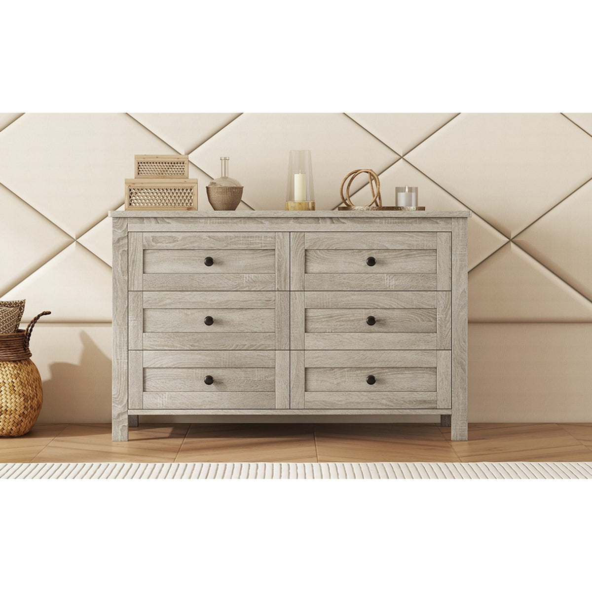 Roomfitters Modern Mirrored Storage Cabinet with Metal Handle, 6-Drawer Dresser for Bedroom and Living Room, Gray