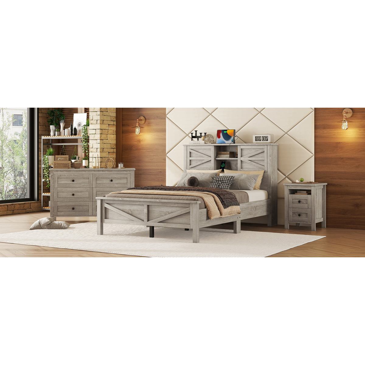 variant-group:rf-n733s369048g|Roomfitters 3 Piece Bedroom Set, Full Farmhouse Platform Bed with Sliding Headboard, Bedside Tables, Antique Gray