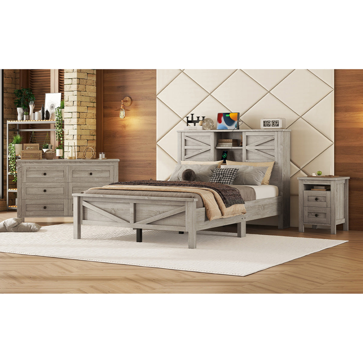 variant-group:rf-n733s369048g|Roomfitters 3 Piece Bedroom Set, Full Farmhouse Platform Bed with Sliding Headboard, Bedside Tables, Antique Gray
