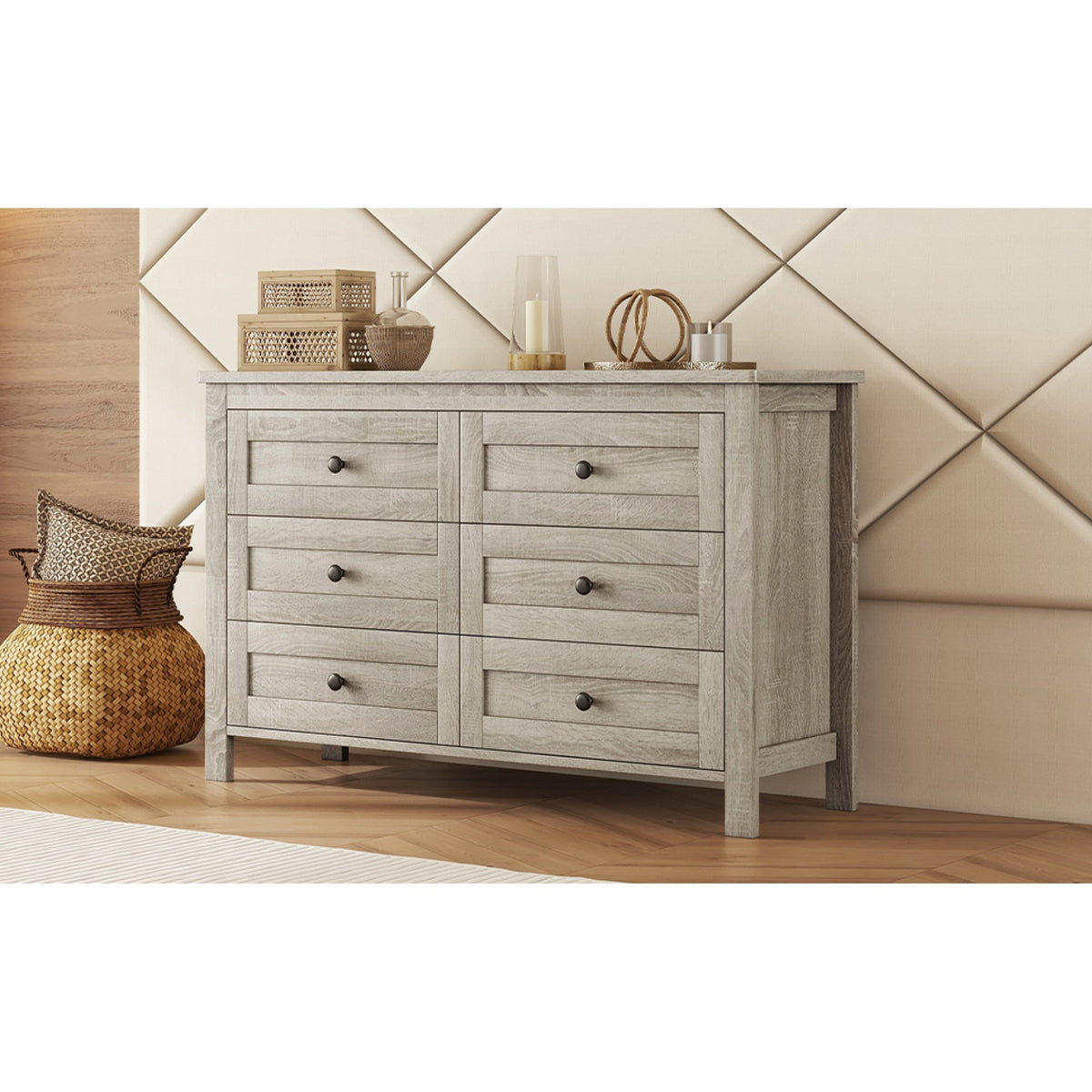 Roomfitters Modern Mirrored Storage Cabinet with Metal Handle, 6-Drawer Dresser for Bedroom and Living Room, Gray