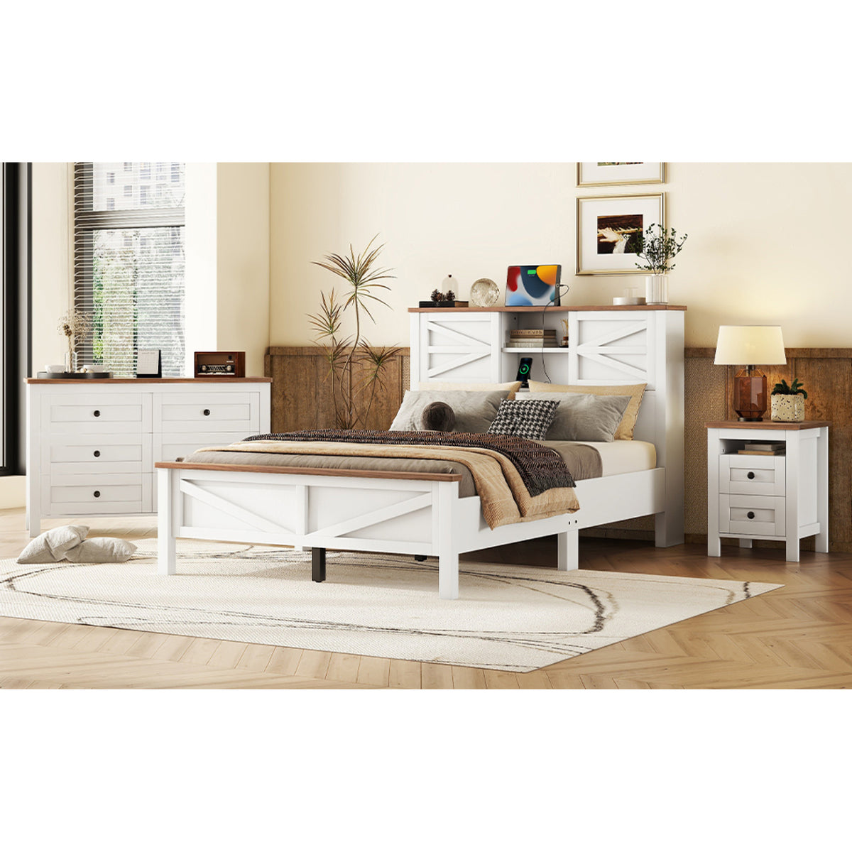variant-group:rf-n733s369048k|Roomfitters 3 Piece Bedroom Set, Full Farmhouse Platform Bed with Sliding Headboard, Bedside Tables, White Brown