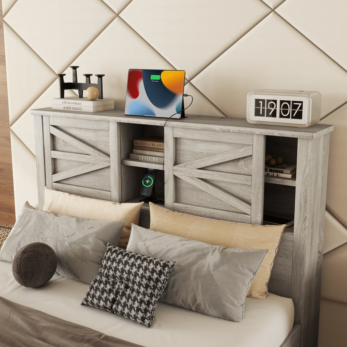 variant-group:rf-n733s369048g|Roomfitters 3 Piece Bedroom Set, Full Farmhouse Platform Bed with Sliding Headboard, Bedside Tables, Antique Gray