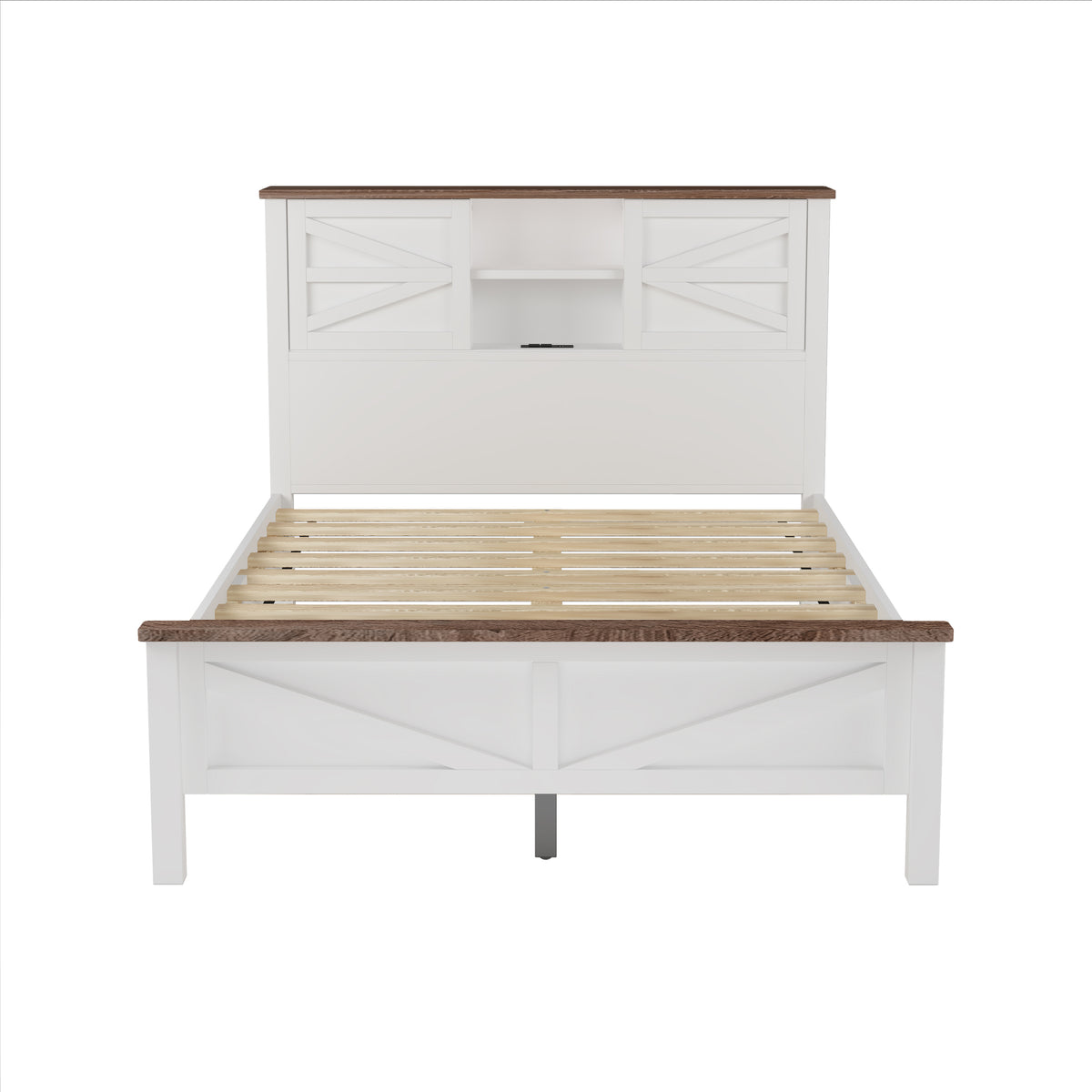 variant-group:rf-n733s369048k|Roomfitters 3 Piece Bedroom Set, Full Farmhouse Platform Bed with Sliding Headboard, Bedside Tables, White Brown