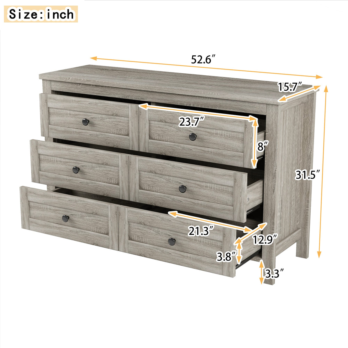 Roomfitters Modern Mirrored Storage Cabinet with Metal Handle, 6-Drawer Dresser for Bedroom and Living Room, Gray