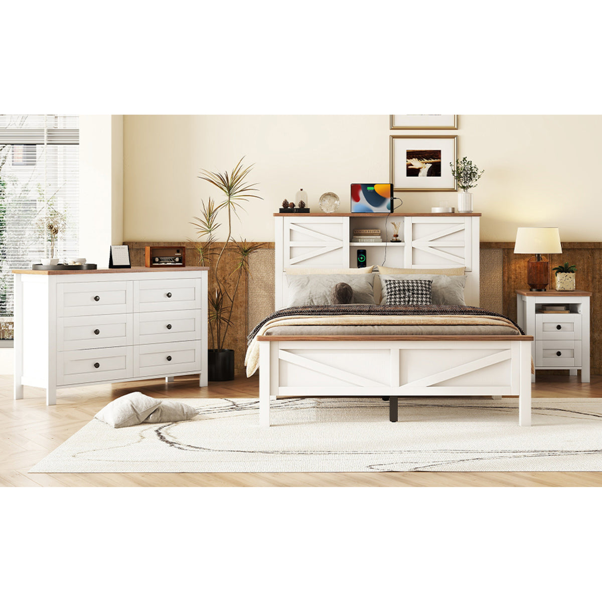 variant-group:rf-n733s369048k|Roomfitters 3 Piece Bedroom Set, Full Farmhouse Platform Bed with Sliding Headboard, Bedside Tables, White Brown