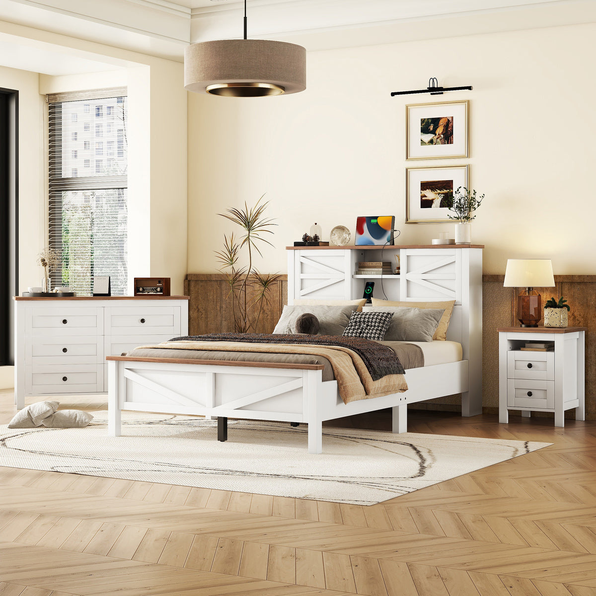 variant-group:rf-n733s369048k|Roomfitters 3 Piece Bedroom Set, Full Farmhouse Platform Bed with Sliding Headboard, Bedside Tables, White Brown