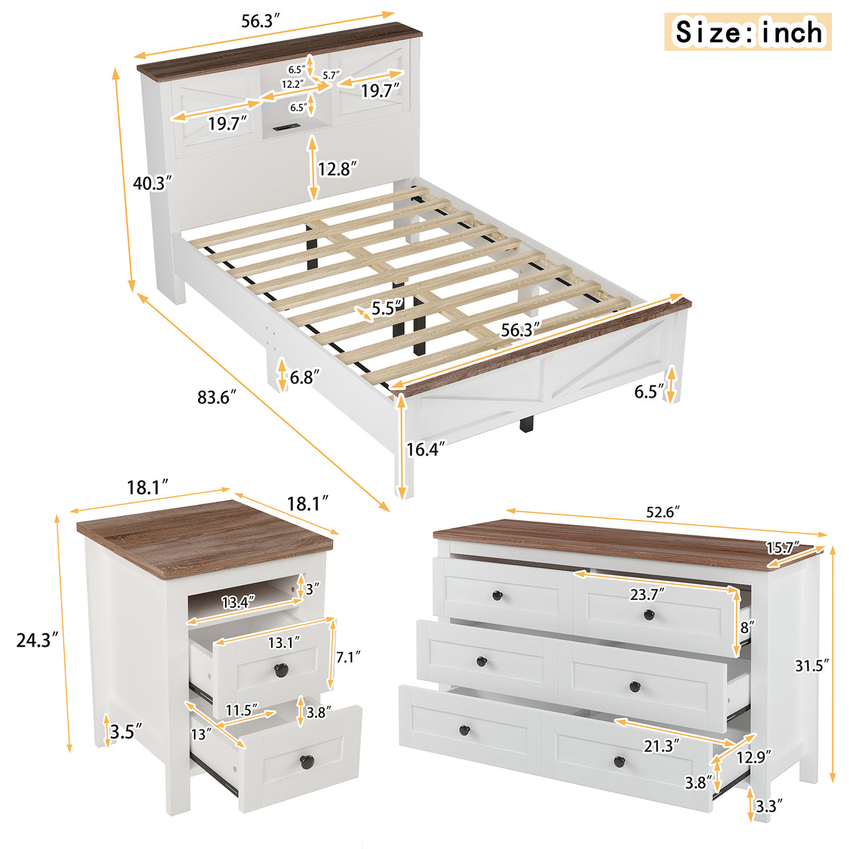 variant-group:rf-n733s369048k|Roomfitters 3 Piece Bedroom Set, Full Farmhouse Platform Bed with Sliding Headboard, Bedside Tables, White Brown