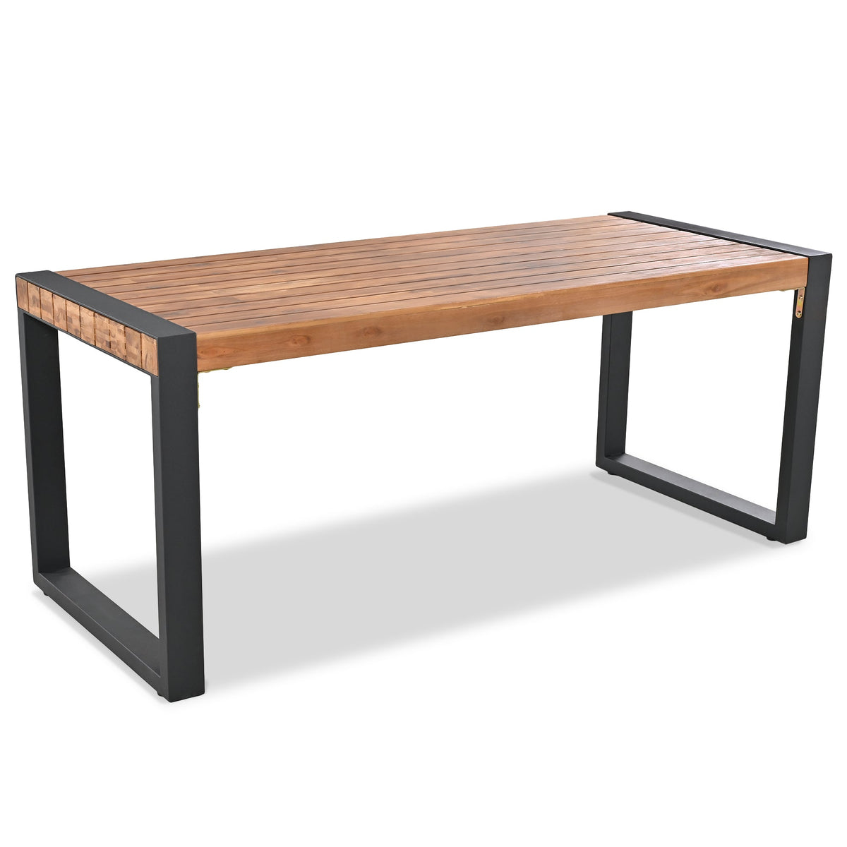 Roomfitters 3 Pcs Outdoor Dining Set with Acacia Wood Table and 2 Benches, Unique Textured Top and Steel Frame, All-Weather Patio Dining for Outdoor and Indoor Use, Natural Finish Roomfitters
