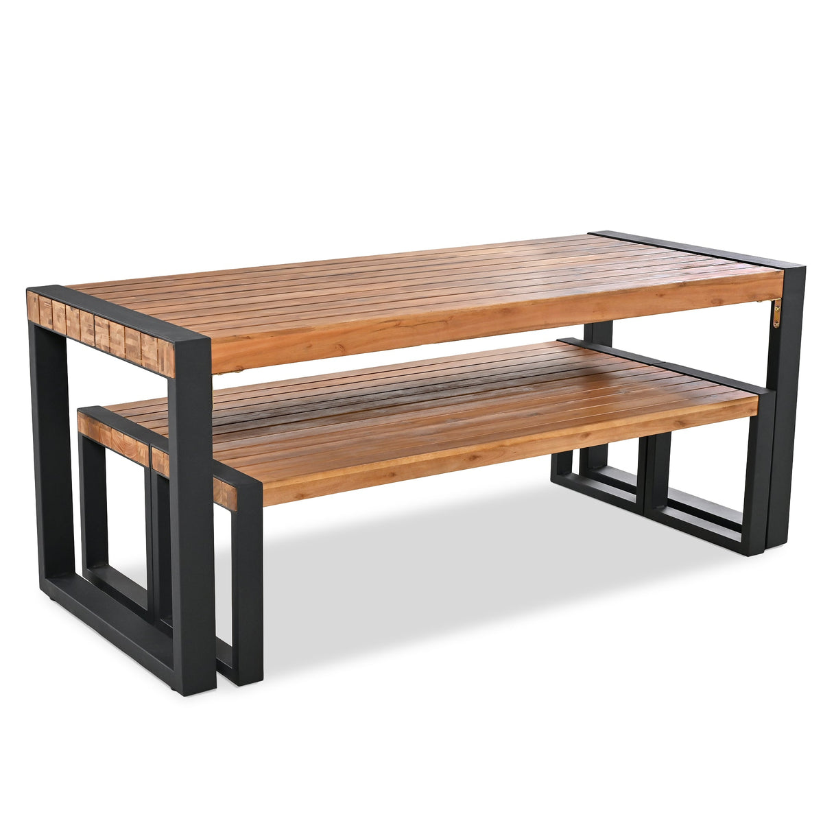 Roomfitters 3 Pcs Outdoor Dining Set with Acacia Wood Table and 2 Benches, Unique Textured Top and Steel Frame, All-Weather Patio Dining for Outdoor and Indoor Use, Natural Finish Roomfitters
