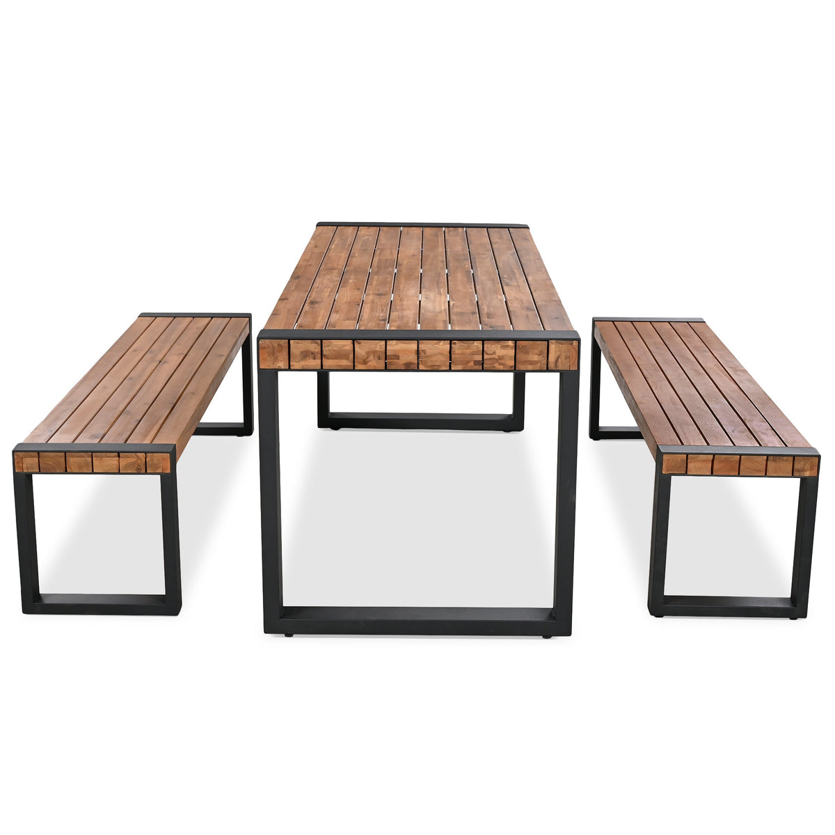Roomfitters 3 Pcs Outdoor Dining Set with Acacia Wood Table and 2 Benches, Unique Textured Top and Steel Frame, All-Weather Patio Dining for Outdoor and Indoor Use, Natural Finish Roomfitters