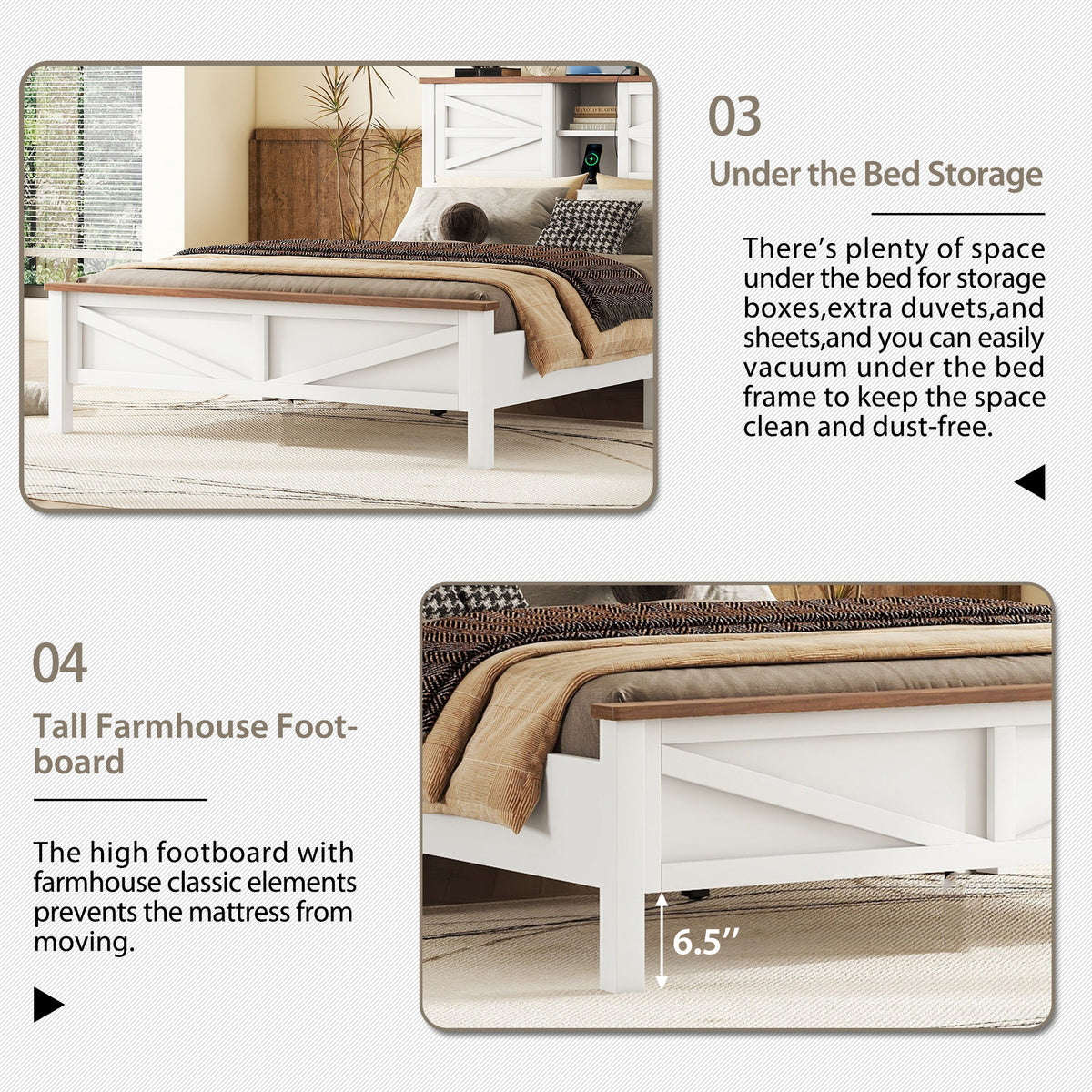 variant-group:rf-n733s369048k|Roomfitters 3 Piece Bedroom Set, Full Farmhouse Platform Bed with Sliding Headboard, Bedside Tables, White Brown