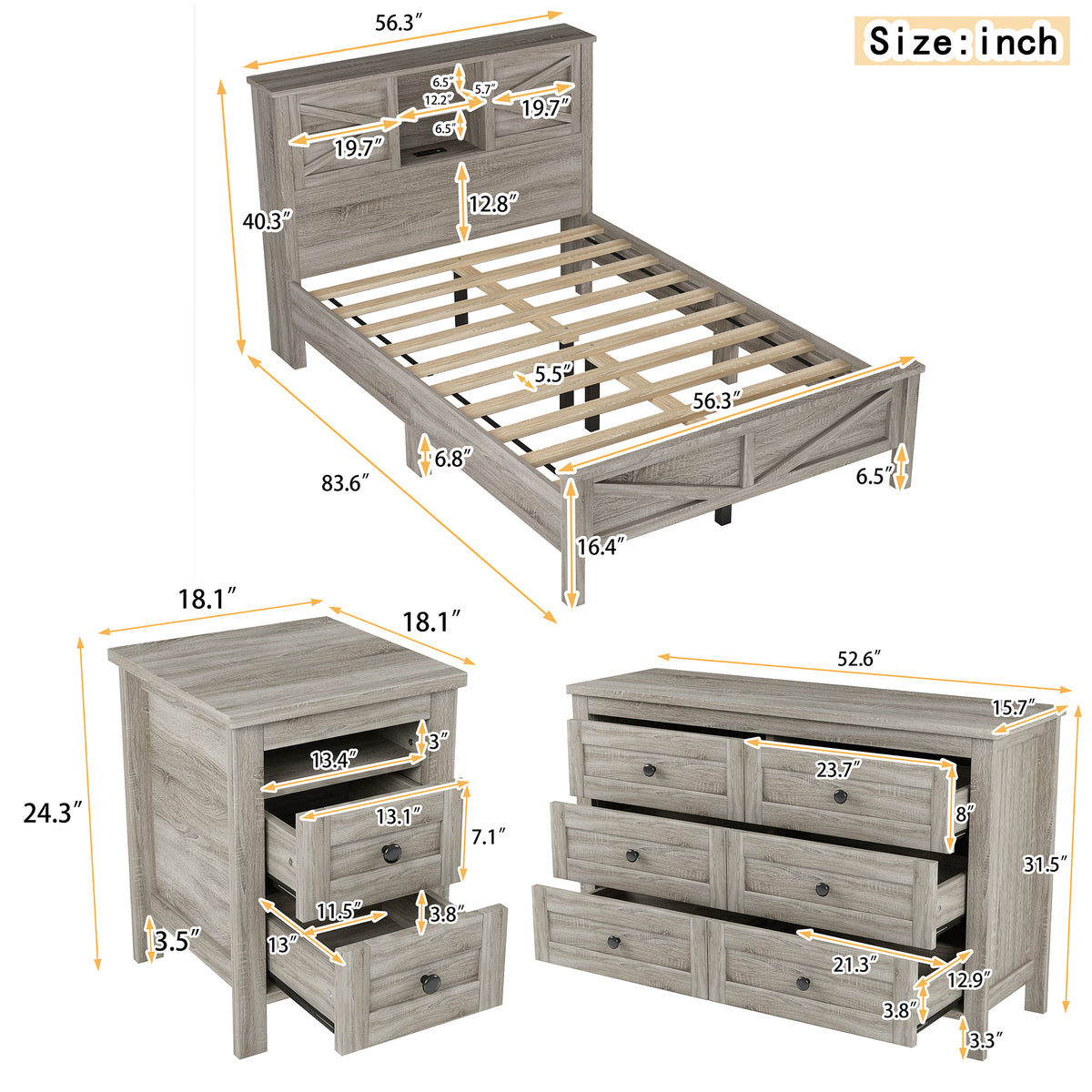 variant-group:rf-n733s369048g|Roomfitters 3 Piece Bedroom Set, Full Farmhouse Platform Bed with Sliding Headboard, Bedside Tables, Antique Gray