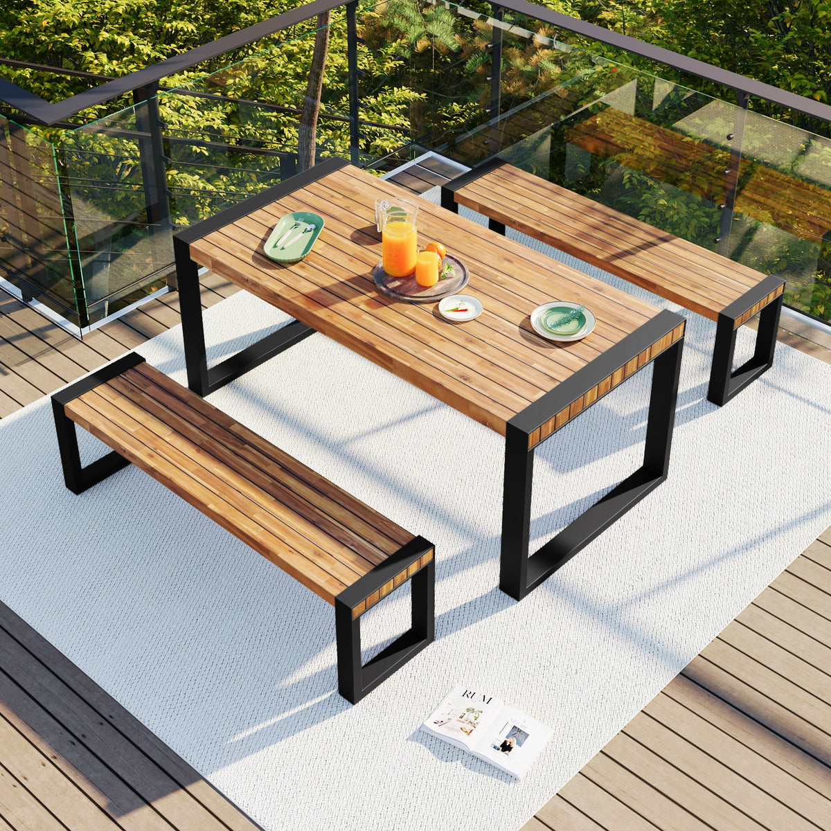 Roomfitters 3 Pcs Outdoor Dining Set with Acacia Wood Table and 2 Benches, Unique Textured Top and Steel Frame, All-Weather Patio Dining for Outdoor and Indoor Use, Natural Finish Roomfitters