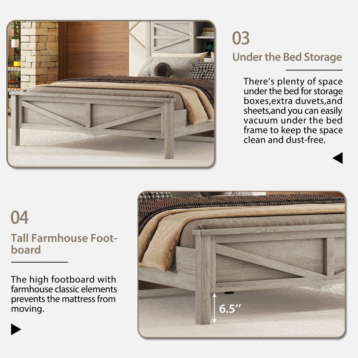 variant-group:rf-n733s369048g|Roomfitters 3 Piece Bedroom Set, Full Farmhouse Platform Bed with Sliding Headboard, Bedside Tables, Antique Gray