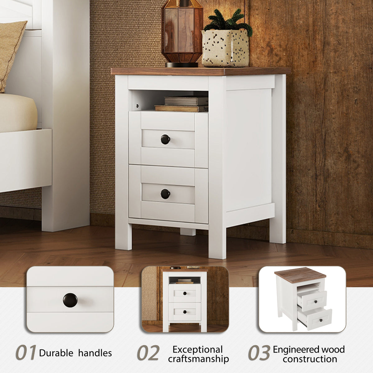 variant-group:rf-n733s369048k|Roomfitters 3 Piece Bedroom Set, Full Farmhouse Platform Bed with Sliding Headboard, Bedside Tables, White Brown