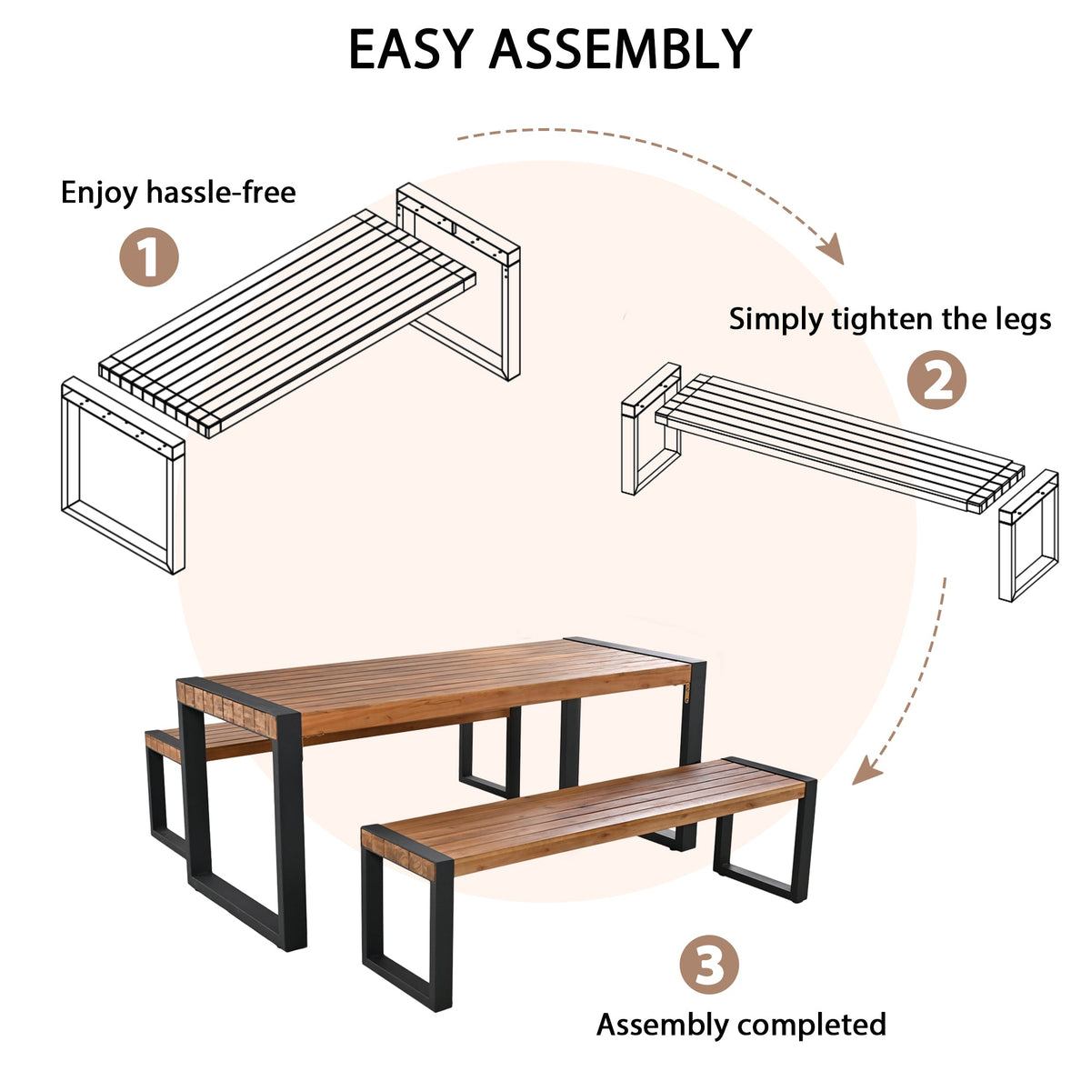 Roomfitters 3-Piece Outdoor Dining Set with Rectangular Table and 2 Benches, Industrial Patio Picnic Furniture, Acacia Wood Roomfitters