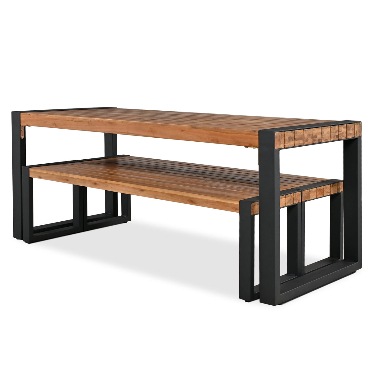 Roomfitters 3 Pcs Outdoor Dining Set with Acacia Wood Table and 2 Benches, Unique Textured Top and Steel Frame, All-Weather Patio Dining for Outdoor and Indoor Use, Natural Finish Roomfitters