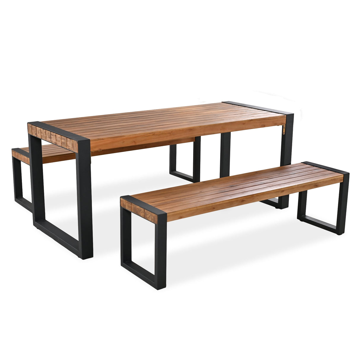 Roomfitters 3 Pcs Outdoor Dining Set with Acacia Wood Table and 2 Benches, Unique Textured Top and Steel Frame, All-Weather Patio Dining for Outdoor and Indoor Use, Natural Finish Roomfitters