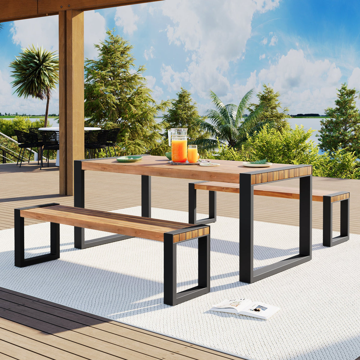 Roomfitters 3 Pcs Outdoor Dining Set with Acacia Wood Table and 2 Benches, Unique Textured Top and Steel Frame, All-Weather Patio Dining for Outdoor and Indoor Use, Natural Finish Roomfitters