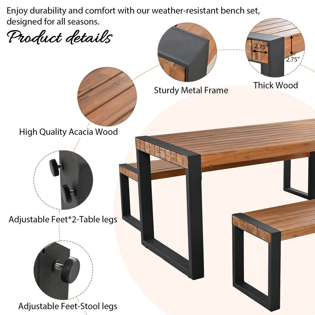 Roomfitters 3 Pcs Outdoor Dining Set with Acacia Wood Table and 2 Benches, Unique Textured Top and Steel Frame, All-Weather Patio Dining for Outdoor and Indoor Use, Natural Finish Roomfitters