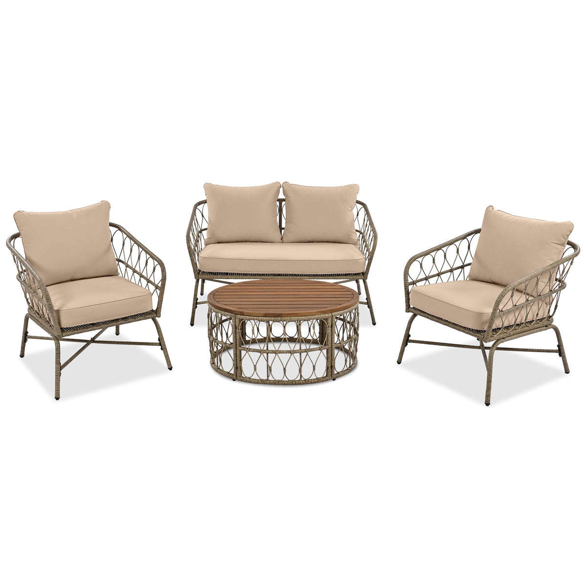 Roomfitters Bohemia-Inspired 4-Person Outdoor Seating Group with Removable Cushions, Conversation Patio Set with Wood Tabletop, Beige Roomfitters
