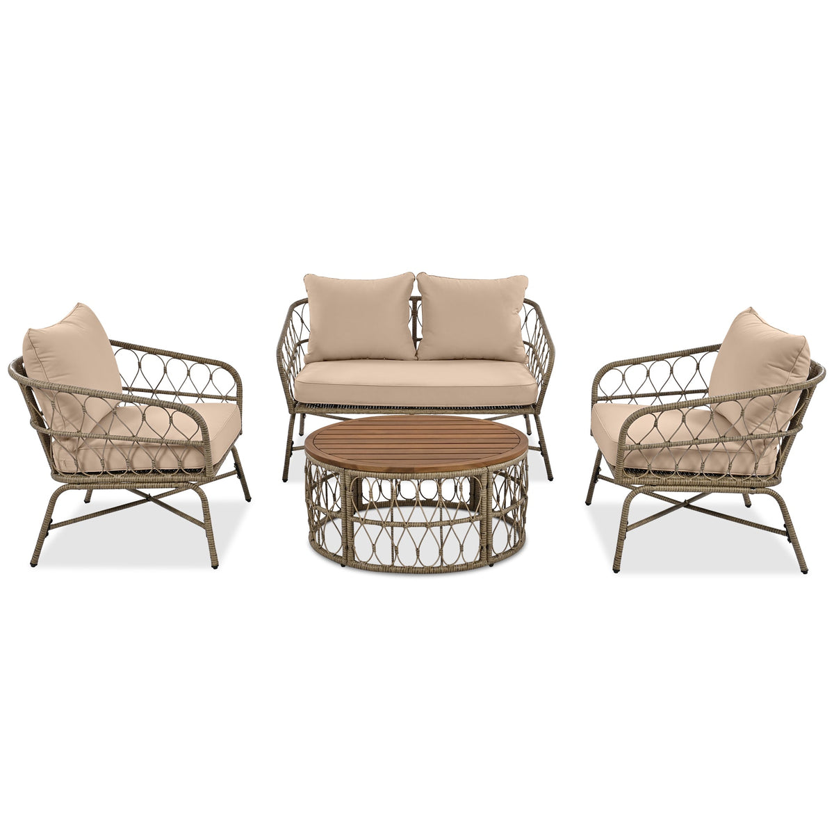 Roomfitters Bohemia-Inspired 4-Person Outdoor Seating Group with Removable Cushions, Conversation Patio Set with Wood Tabletop, Beige Roomfitters