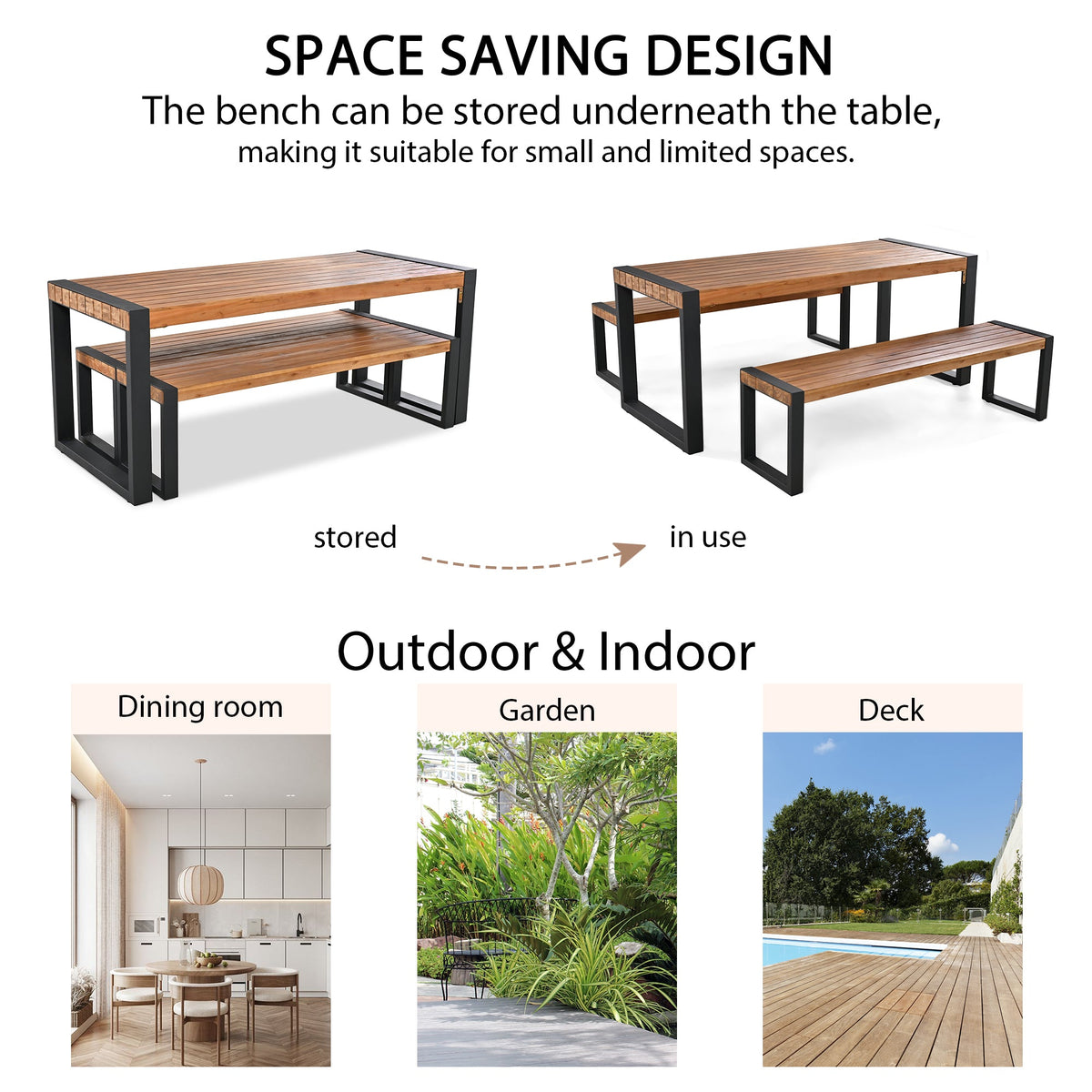 Roomfitters 3-Piece Outdoor Dining Set with Rectangular Table and 2 Benches, Industrial Patio Picnic Furniture, Acacia Wood Roomfitters