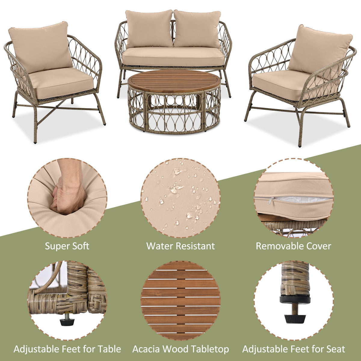 Roomfitters Bohemia-Inspired 4-Person Outdoor Seating Group with Removable Cushions, Conversation Patio Set with Wood Tabletop, Beige Roomfitters