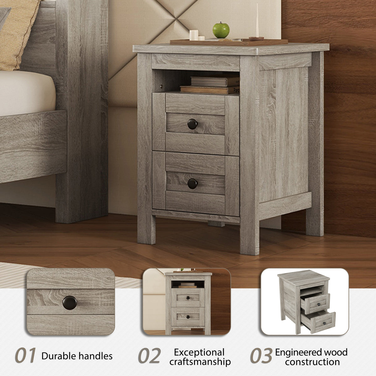 variant-group:rf-n733s369048g|Roomfitters 3 Piece Bedroom Set, Full Farmhouse Platform Bed with Sliding Headboard, Bedside Tables, Antique Gray