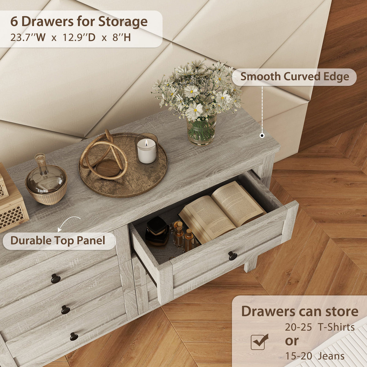 Roomfitters Modern Mirrored Storage Cabinet with Metal Handle, 6-Drawer Dresser for Bedroom and Living Room, Gray
