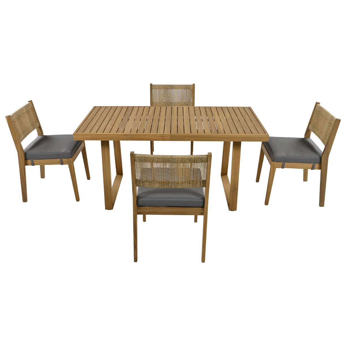 variant-group:rf-n711wy000393aae|Roomfitters Multi-Person Outdoor Acacia Wood Dining Table and Chair Set with Thick Cushions, Suitable for Balcony, Courtyard, Garden, Offering Durable and Comfortable Dining Solutions, Brown