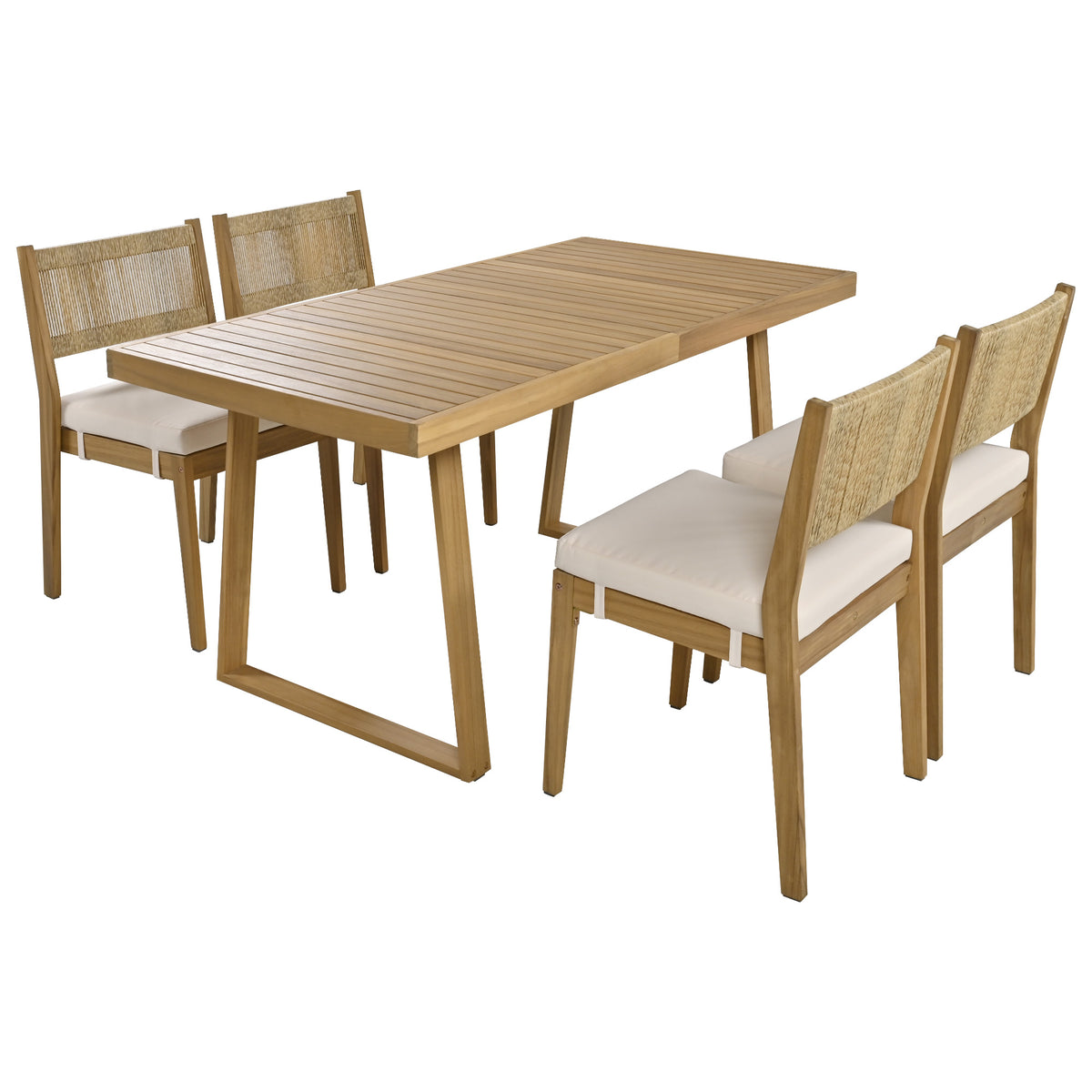 variant-group:rf-n711wy000393aaa|Roomfitters Outdoor Acacia Wood Dining Table and Chair Set with Thick Cushions, Patio Furniture for Garden, Beige