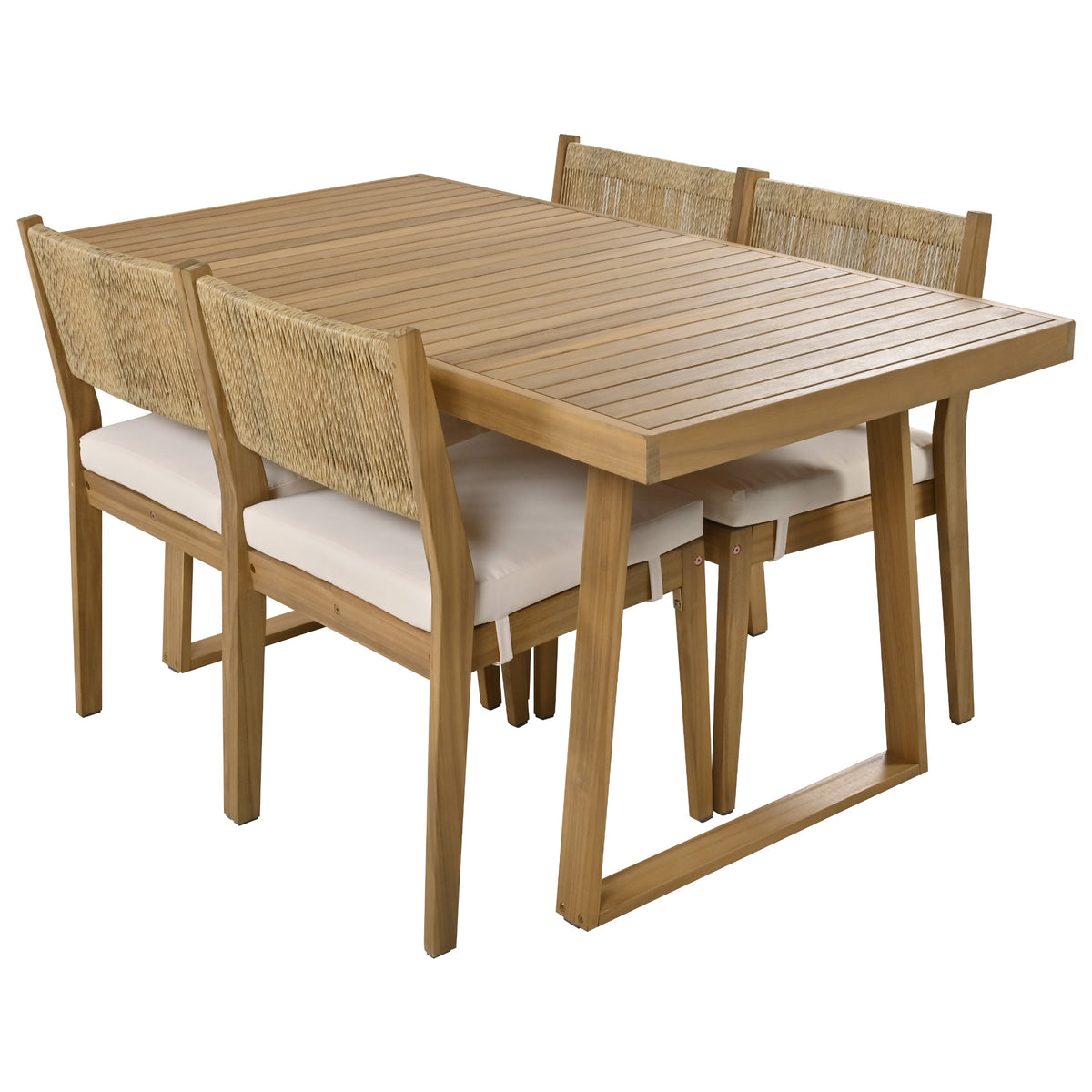variant-group:rf-n711wy000393aaa|Roomfitters Outdoor Acacia Wood Dining Table and Chair Set with Thick Cushions, Patio Furniture for Garden, Beige