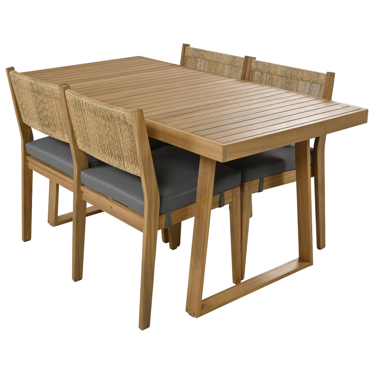 variant-group:rf-n711wy000393aae|Roomfitters Multi-Person Outdoor Acacia Wood Dining Table and Chair Set with Thick Cushions, Suitable for Balcony, Courtyard, Garden, Offering Durable and Comfortable Dining Solutions, Brown