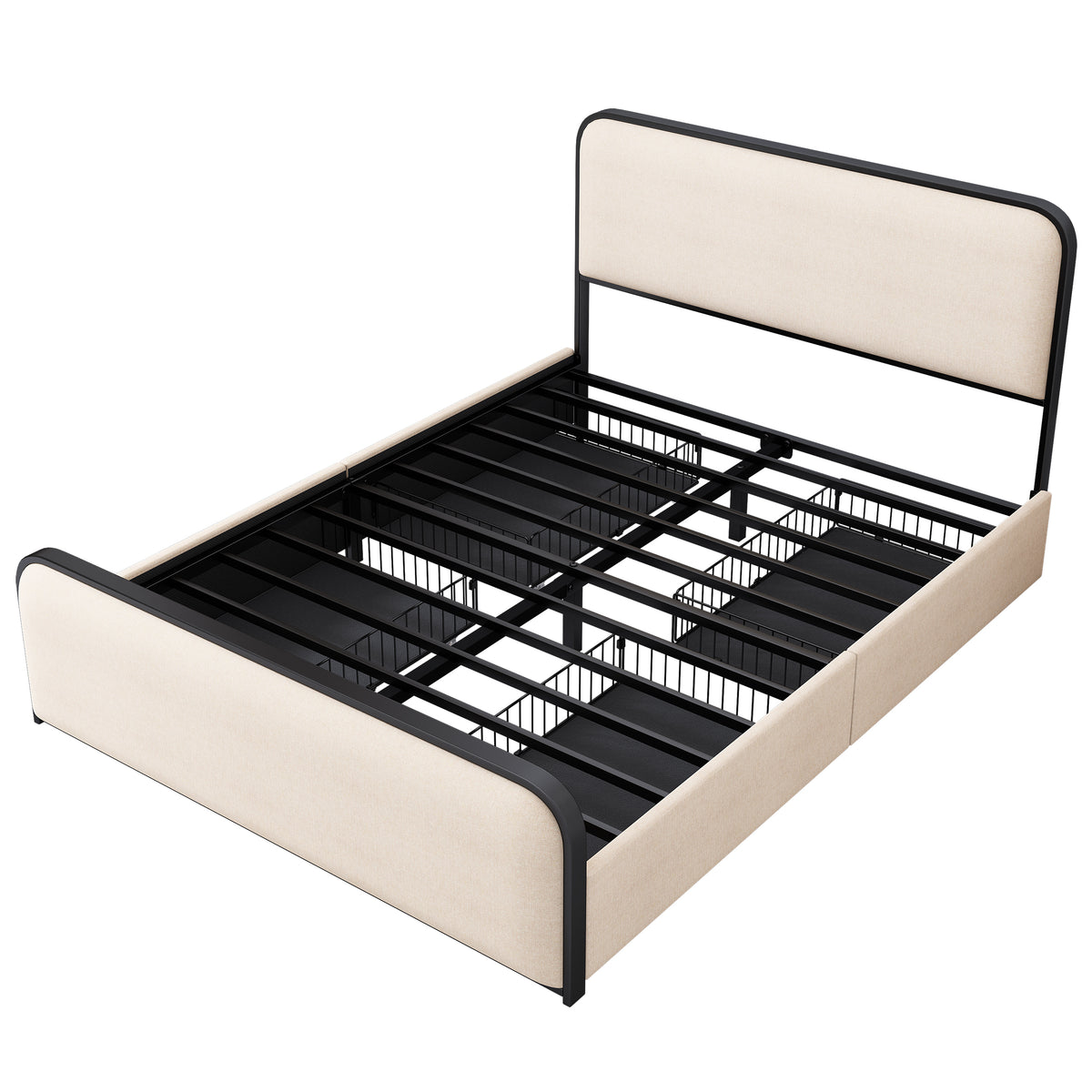 variant-group:rf-n701p229016b|Roomfitters Queen Size Metal Bed Frame, Curved Upholstered Headboard and Footboard, Built-In Storage Base, Heavy Duty Slats, Beige
