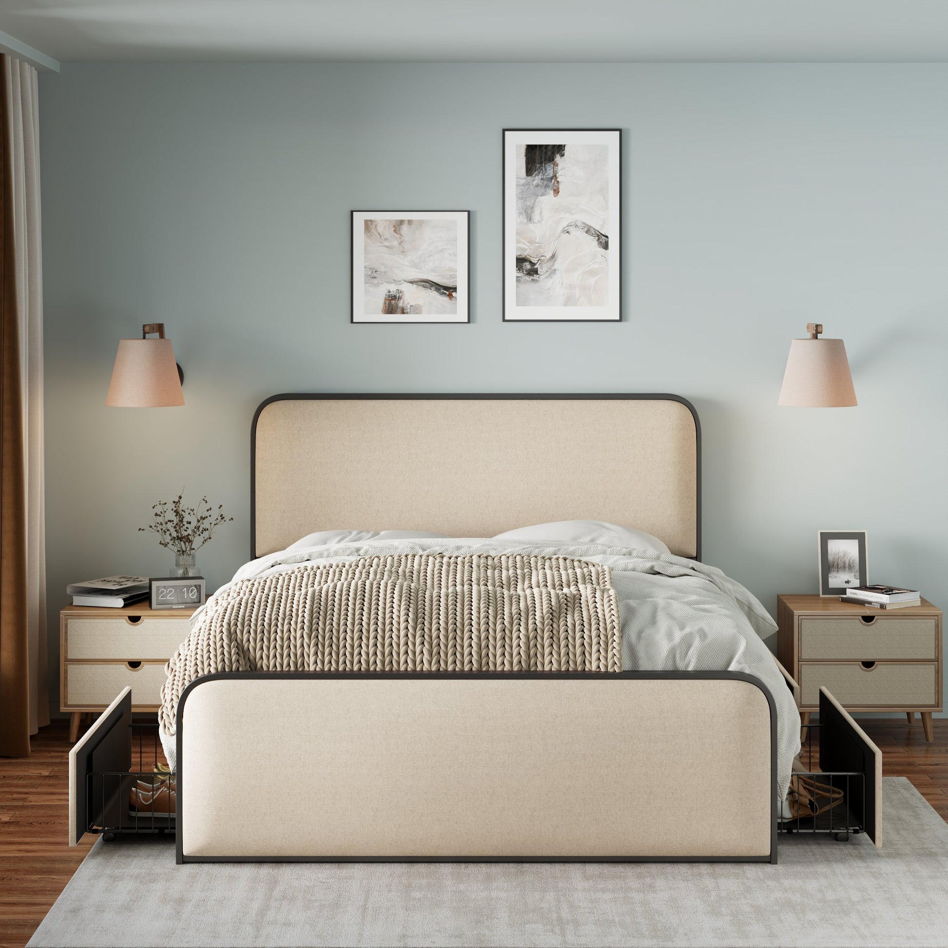 variant-group:rf-n701p229016b|Roomfitters Queen Size Metal Bed Frame, Curved Upholstered Headboard and Footboard, Built-In Storage Base, Heavy Duty Slats, Beige