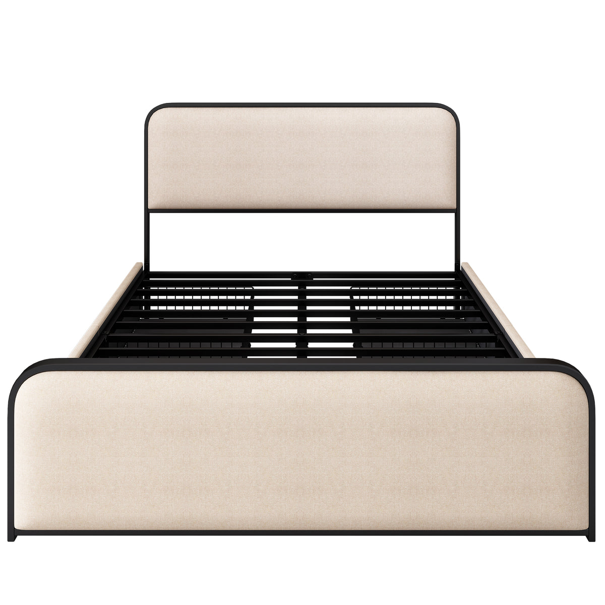 variant-group:rf-n701p229016b|Roomfitters Queen Size Metal Bed Frame, Curved Upholstered Headboard and Footboard, Built-In Storage Base, Heavy Duty Slats, Beige