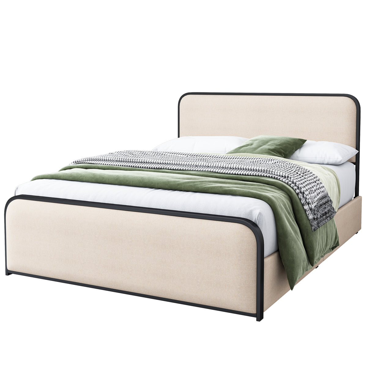 variant-group:rf-n701p229016b|Roomfitters Queen Size Metal Bed Frame, Curved Upholstered Headboard and Footboard, Built-In Storage Base, Heavy Duty Slats, Beige