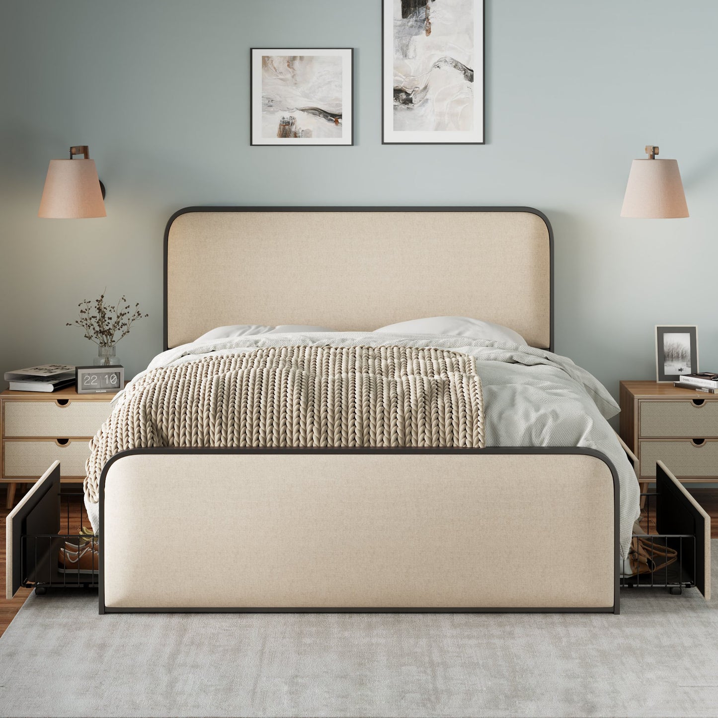 variant-group:rf-n701p229016b|Roomfitters Queen Size Metal Bed Frame, Curved Upholstered Headboard and Footboard, Built-In Storage Base, Heavy Duty Slats, Beige