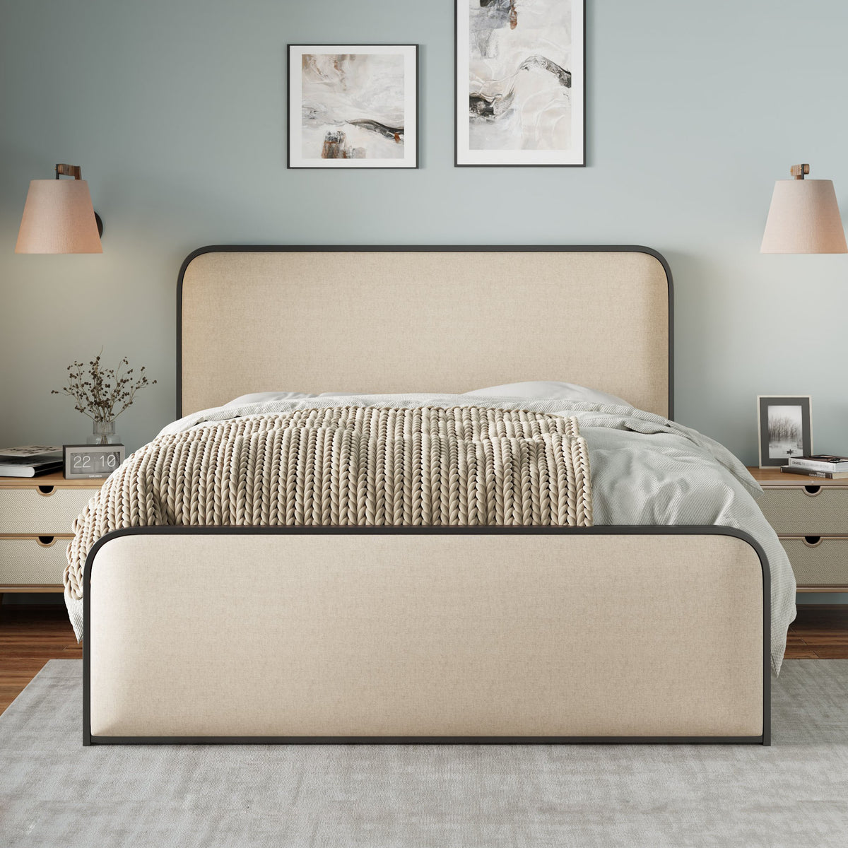 variant-group:rf-n701p229014b|Roomfitters Queen Size Metal Bed Frame, Curved Upholstered Headboard and Footboard, Under Bed Storage, Heavy Duty Slats, Beige