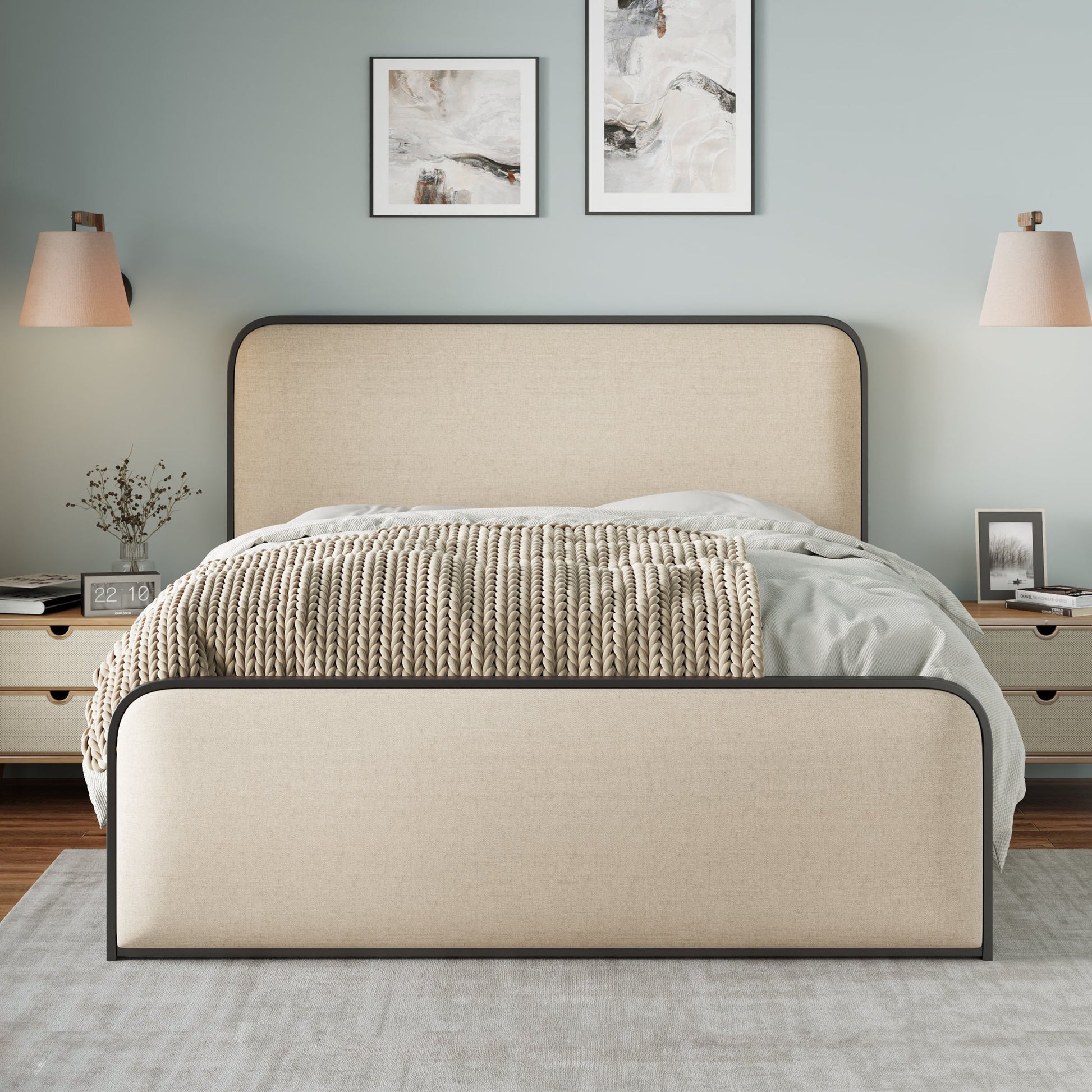variant-group:rf-n701p229014b|Roomfitters Queen Size Metal Bed Frame, Curved Upholstered Headboard and Footboard, Under Bed Storage, Heavy Duty Slats, Beige