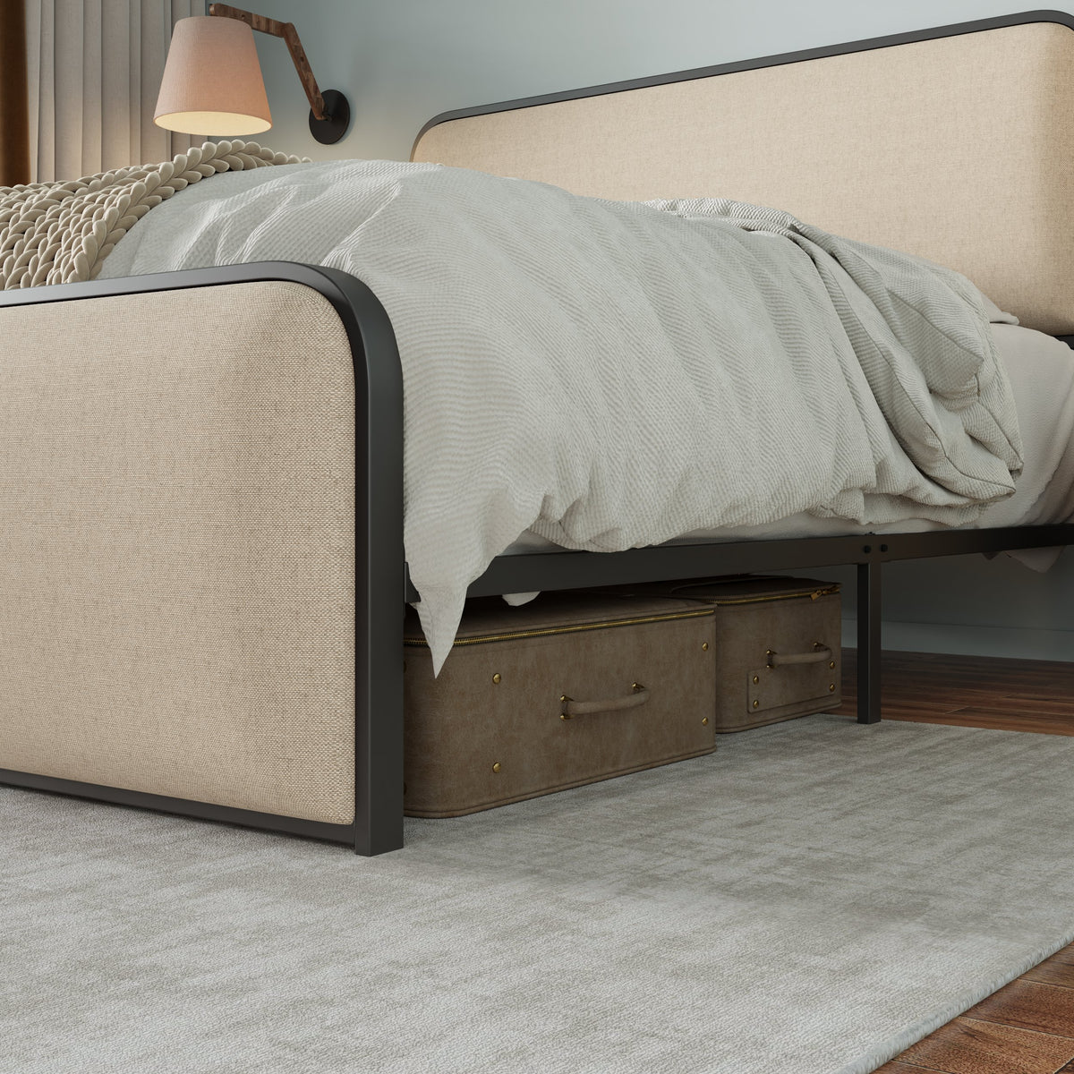 variant-group:rf-n701p229014b|Roomfitters Queen Size Metal Bed Frame, Curved Upholstered Headboard and Footboard, Under Bed Storage, Heavy Duty Slats, Beige