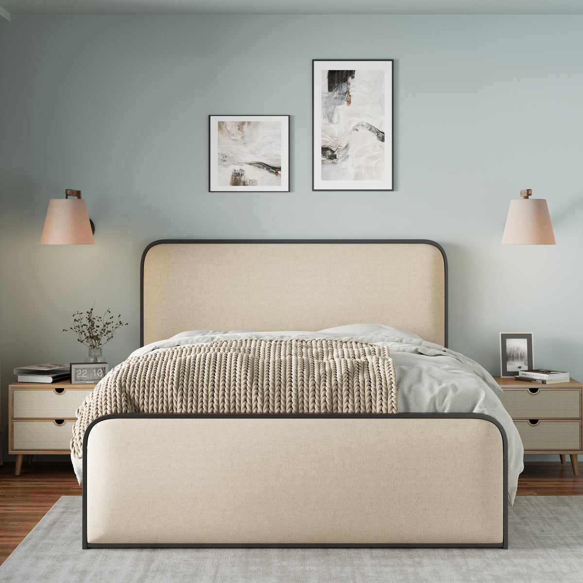 variant-group:rf-n701p229014b|Roomfitters Queen Size Metal Bed Frame, Curved Upholstered Headboard and Footboard, Under Bed Storage, Heavy Duty Slats, Beige