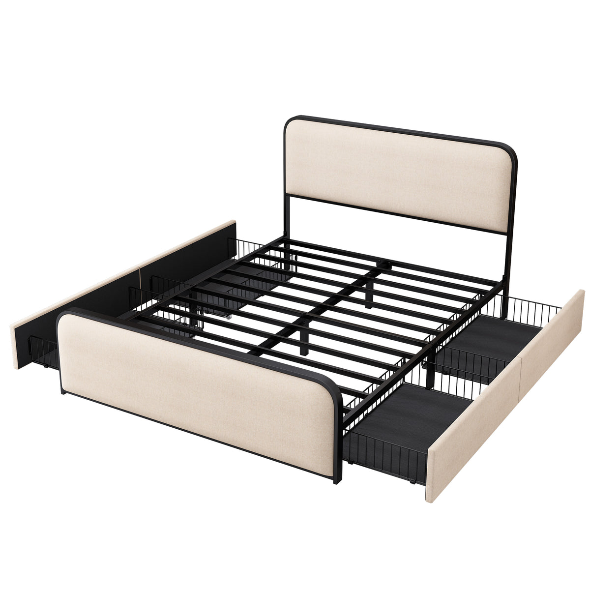 variant-group:rf-n701p229016b|Roomfitters Queen Size Metal Bed Frame, Curved Upholstered Headboard and Footboard, Built-In Storage Base, Heavy Duty Slats, Beige