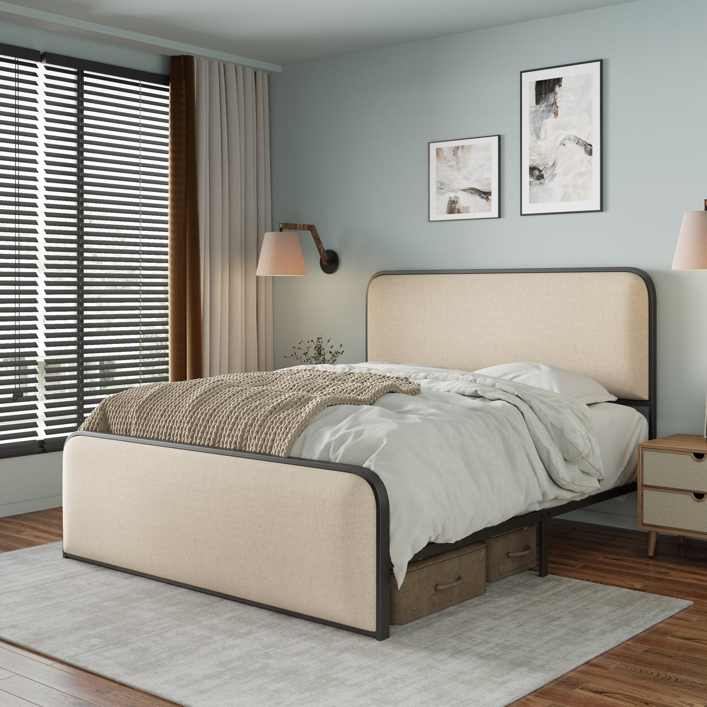 variant-group:rf-n701p229014b|Roomfitters Queen Size Metal Bed Frame, Curved Upholstered Headboard and Footboard, Under Bed Storage, Heavy Duty Slats, Beige